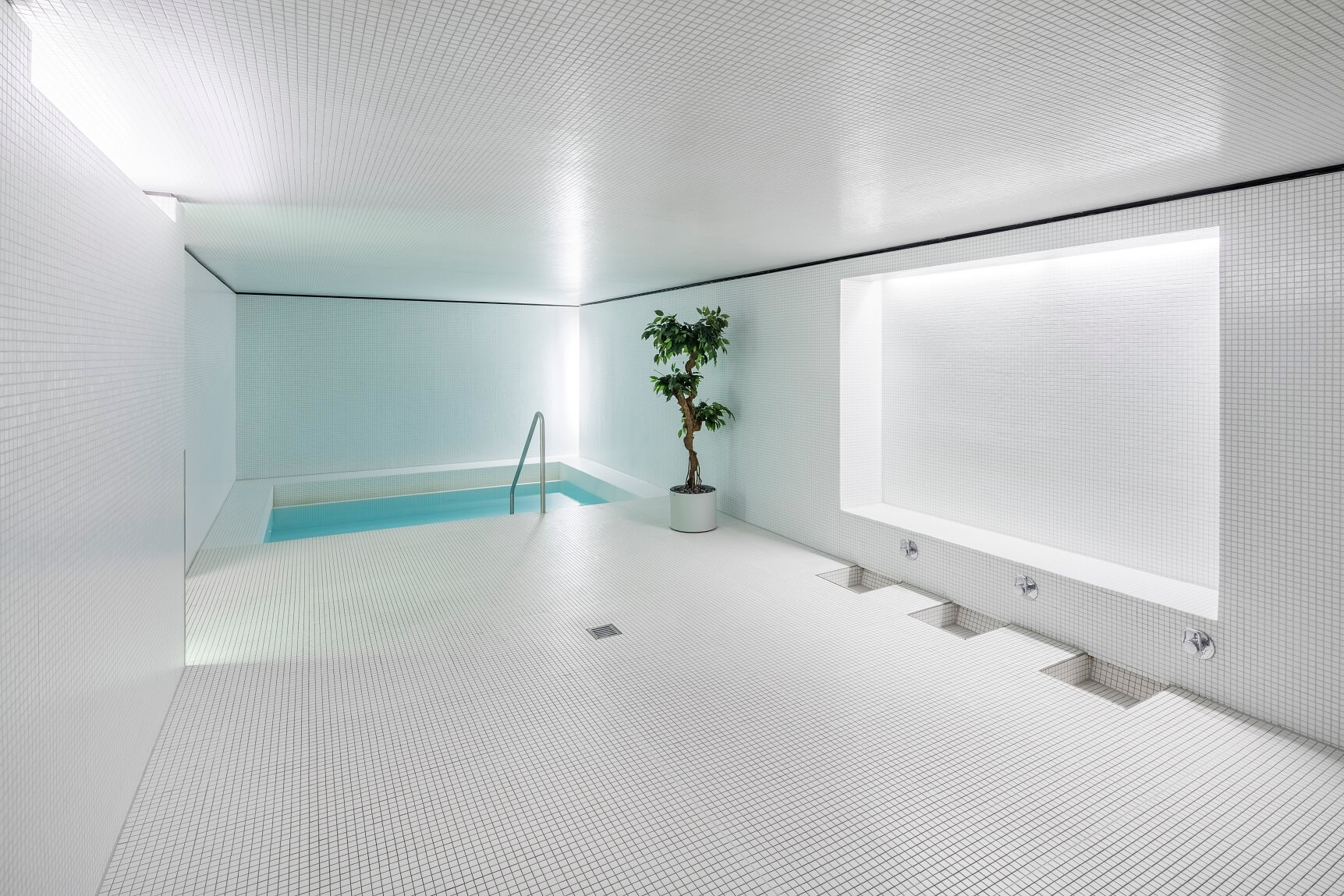 Eine minimalistische Schwimmhalle mit weiß gefliesten Wänden und Böden, einem kleinen rechteckigen Becken, einer Topfpflanze und an der Wand befestigten Wasserspeiern.