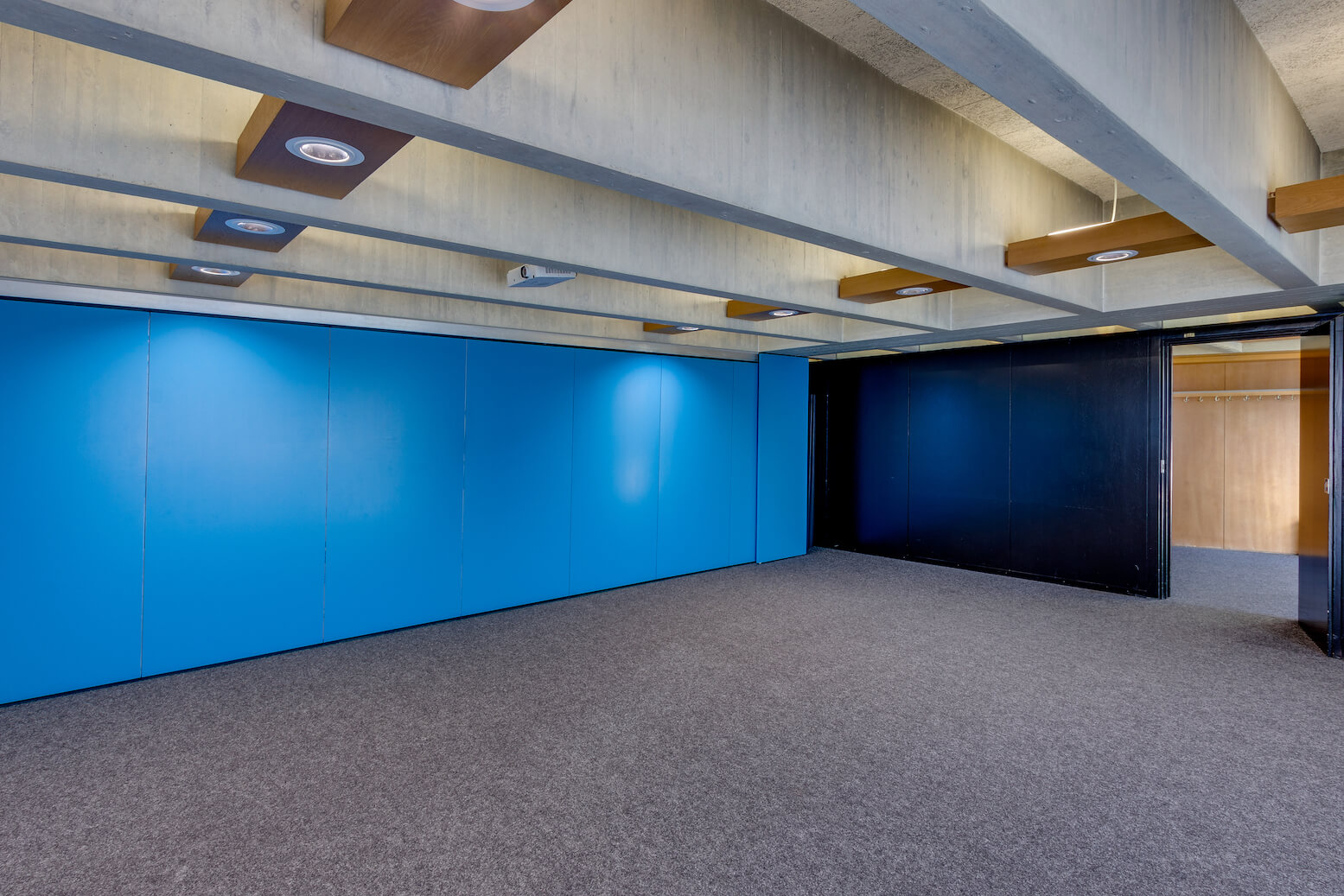 Ein moderner, leerer Raum mit blauen Wandpaneelen, grauem Teppichboden und einer Decke mit freiliegenden Balken und Einbaubeleuchtung.