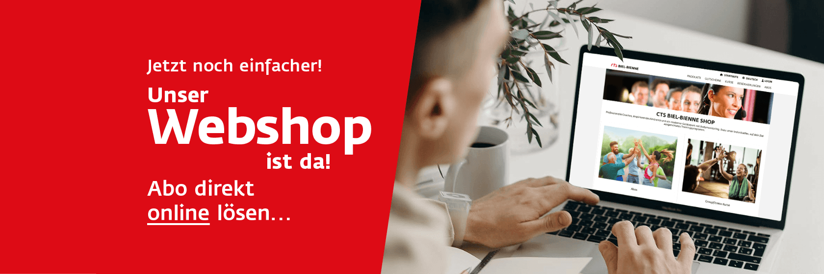 Eine Person benutzt einen Laptop, um in einem Online-Webshop zu stöbern; auf der linken Seite kündigt ein deutscher Text den Start eines Webshops an und fordert die Nutzer auf, sich online zu registrieren.