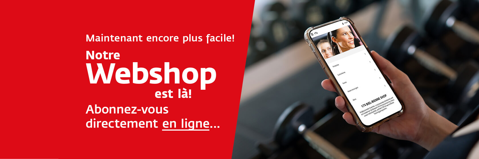 Une personne tient un smartphone affichant l'interface d'une boutique en ligne ; un texte en français à gauche promeut l'abonnement en ligne à la nouvelle boutique en ligne.