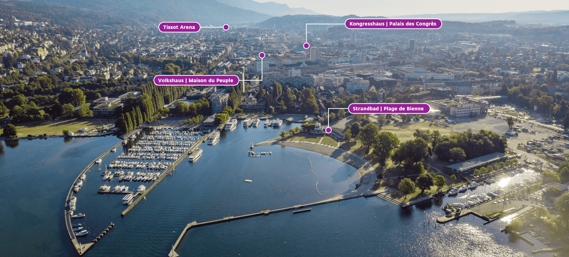 Luftaufnahme eines Yachthafens am See und eines Strandbads in einer Stadt, mit vier beschrifteten Hauptmerkmalen: Tissot Arena, Volkshaus, Kongresshaus und Strandbad.