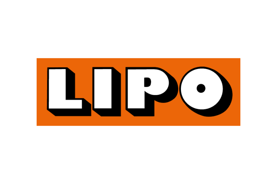 Das Bild zeigt das Wort LIPO in fetten, weißen 3D-Blockbuchstaben mit schwarzen Schatten auf einem orangefarbenen, rechteckigen Hintergrund.