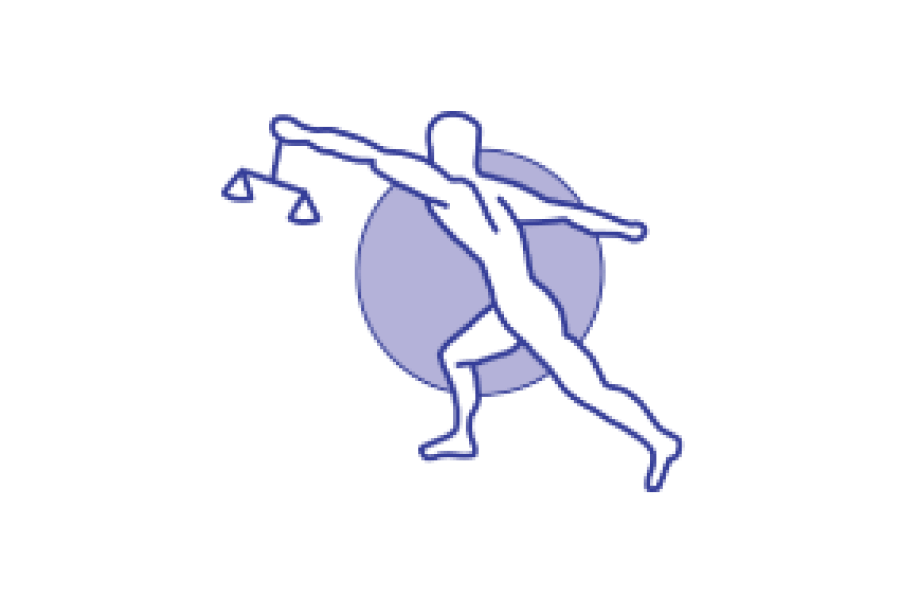 Umriss einer Person, die eine Waage in einer Hand hält, mit einem lila Kreis im Hintergrund.