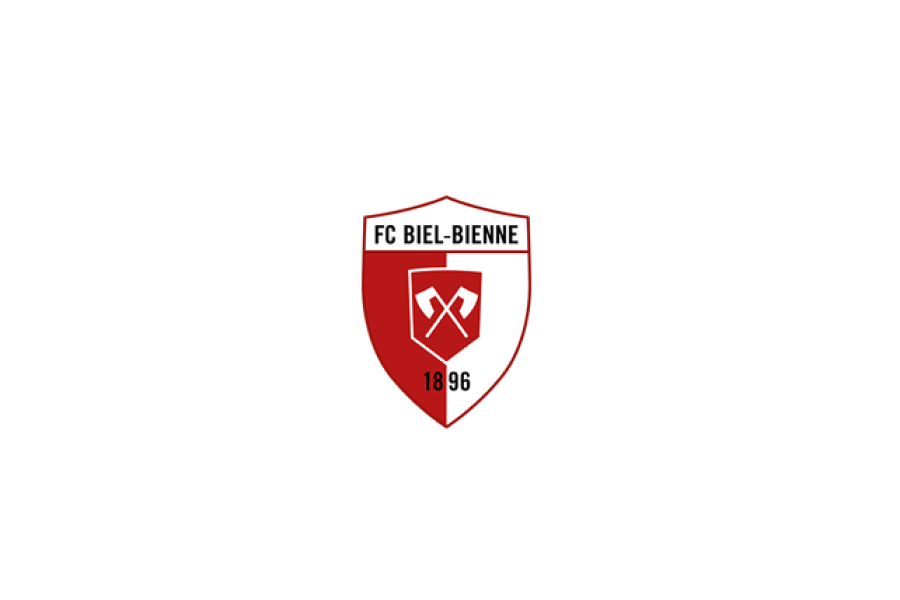 Rot-weißes Vereinswappen des FC Biel-Bienne mit zwei gekreuzten Hämmern und der Jahreszahl 1896.