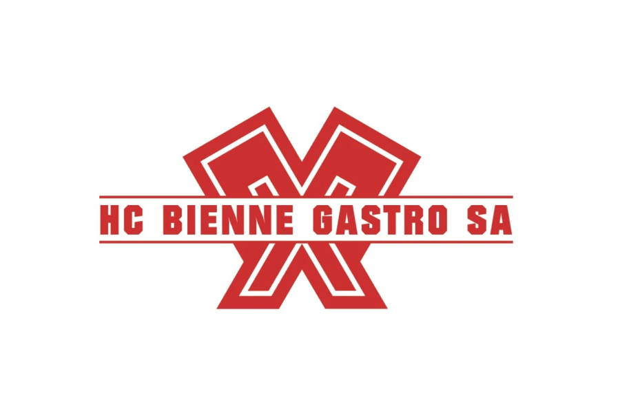 Rotes geometrisches Logo mit zwei sich überlappenden X-Formen und dem Text HC BIENNE GASTRO SA in Großbuchstaben in der Mitte auf weißem Hintergrund.