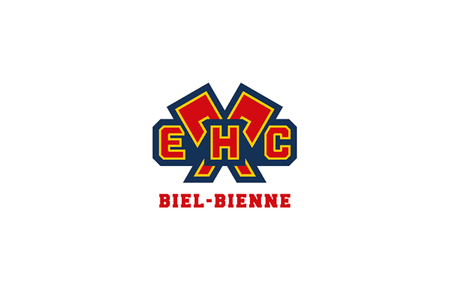 Das Logo zeigt die Buchstaben EHC in Gelb und Rot mit blauem Umriss und darunter den Schriftzug BIEL-BIENNE in roten Großbuchstaben auf weißem Hintergrund.