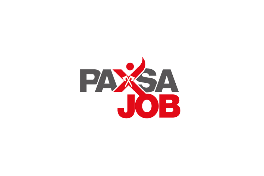 Das Bild zeigt das Logo PAXSA JOB mit PAXSA in Grau und JOB in Rot; das X ist stilisiert mit einer roten menschlichen Figur in der Mitte.