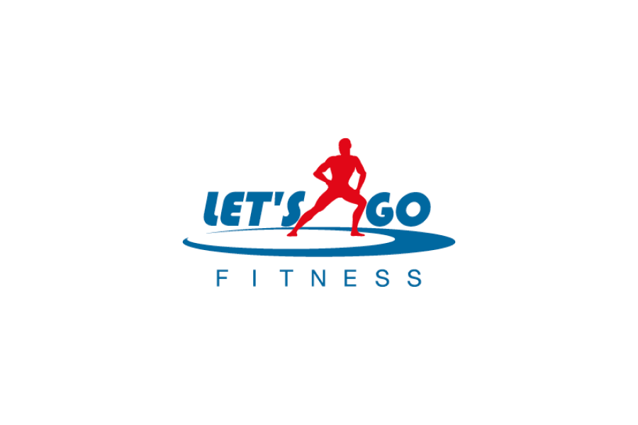 Logo für Lets Go Fitness mit einer roten Silhouette einer Person, die mit den Händen auf den Hüften steht, über einem blauen stilisierten Text und einer Swoosh-Grafik.