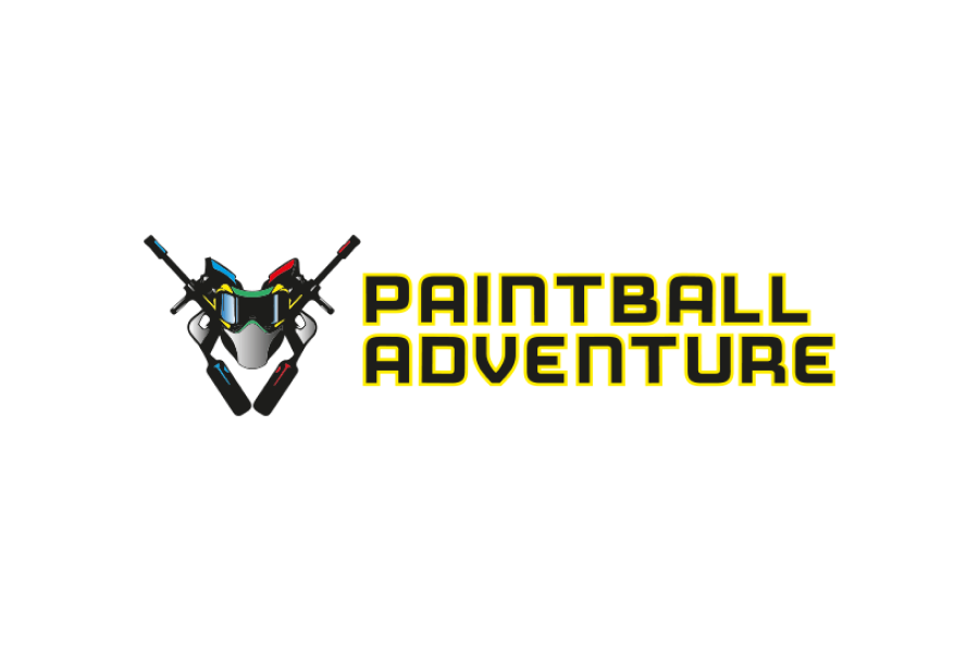 Logo für Paintball Adventure mit einer Paintball-Maske und zwei gekreuzten Paintball-Pistolen, einer blauen und einer roten, auf weißem Hintergrund.