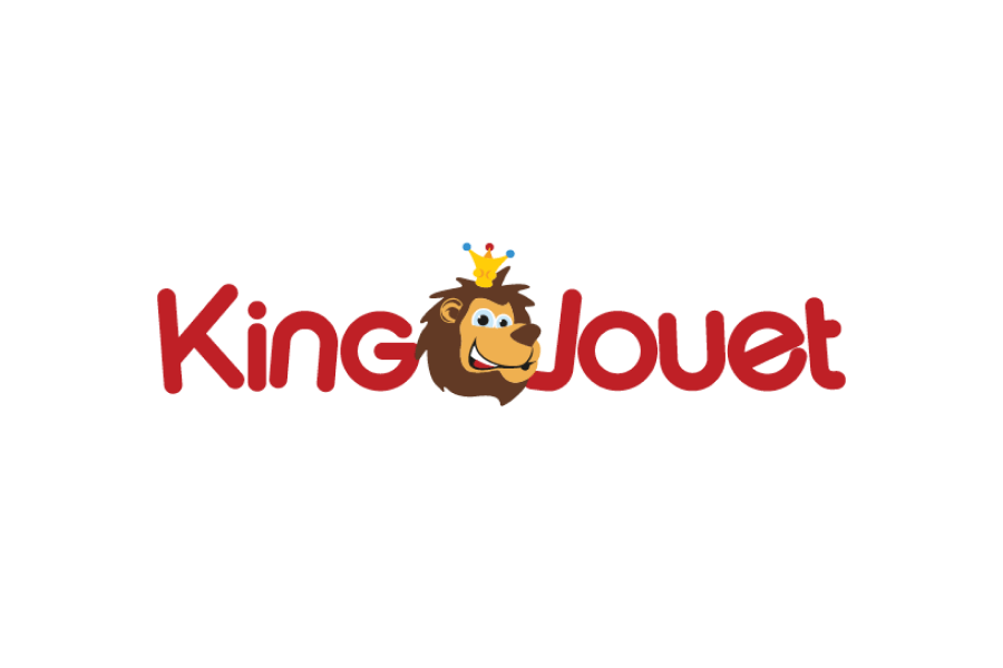 Das King Jouet-Logo mit rotem Text und einem Cartoon-Löwen, der eine gelbe Krone trägt, anstelle des Buchstaben o in Jouet.