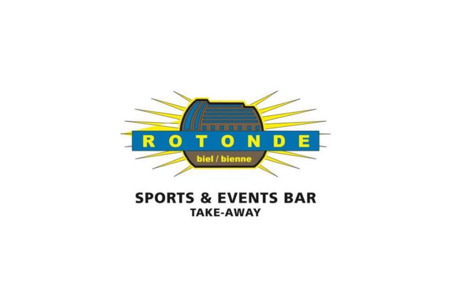 Logo für Rotonde Sports & Events Bar Take-Away, mit einem stilisierten Gebäude mit gelben Strahlen und blauem Text auf weißem Hintergrund.