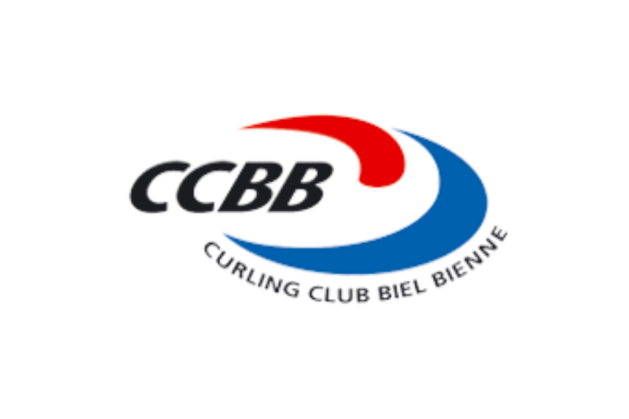 Logo des Curling Club Biel Bienne mit CCBB-Schriftzug, rotem und blauem Swoosh und darunter der vollständige Name des Clubs in Grossbuchstaben.