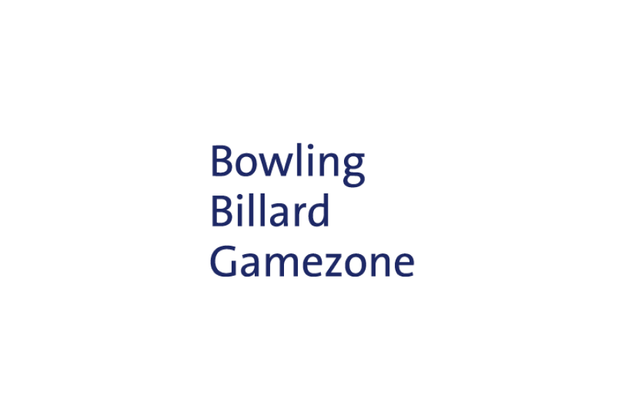 Text mit der Aufschrift Bowling Billard Gamezone, zentriert auf einem einfachen weißen Hintergrund.