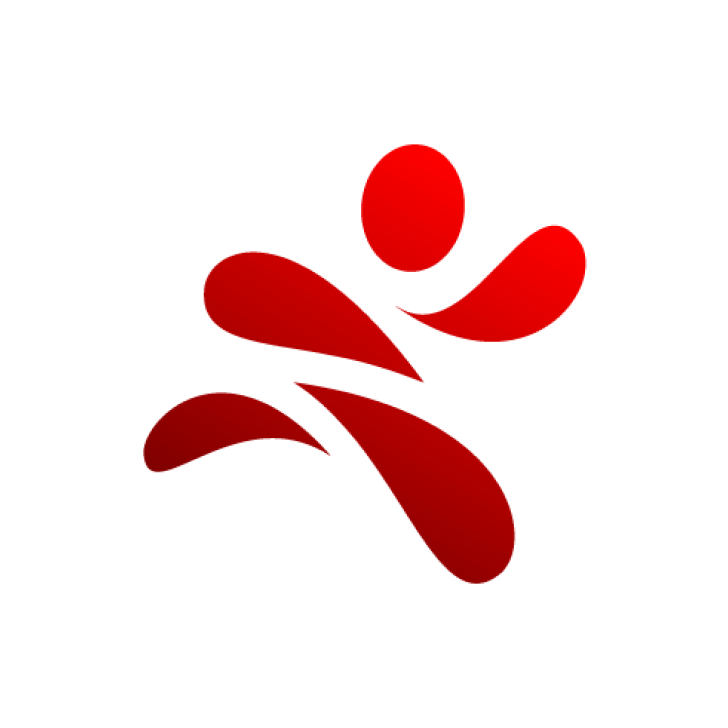 Abstrakte rote Figur in einer dynamischen Laufpose auf weißem Hintergrund, erstellt mit geschwungenen Formen und Farbverläufen.