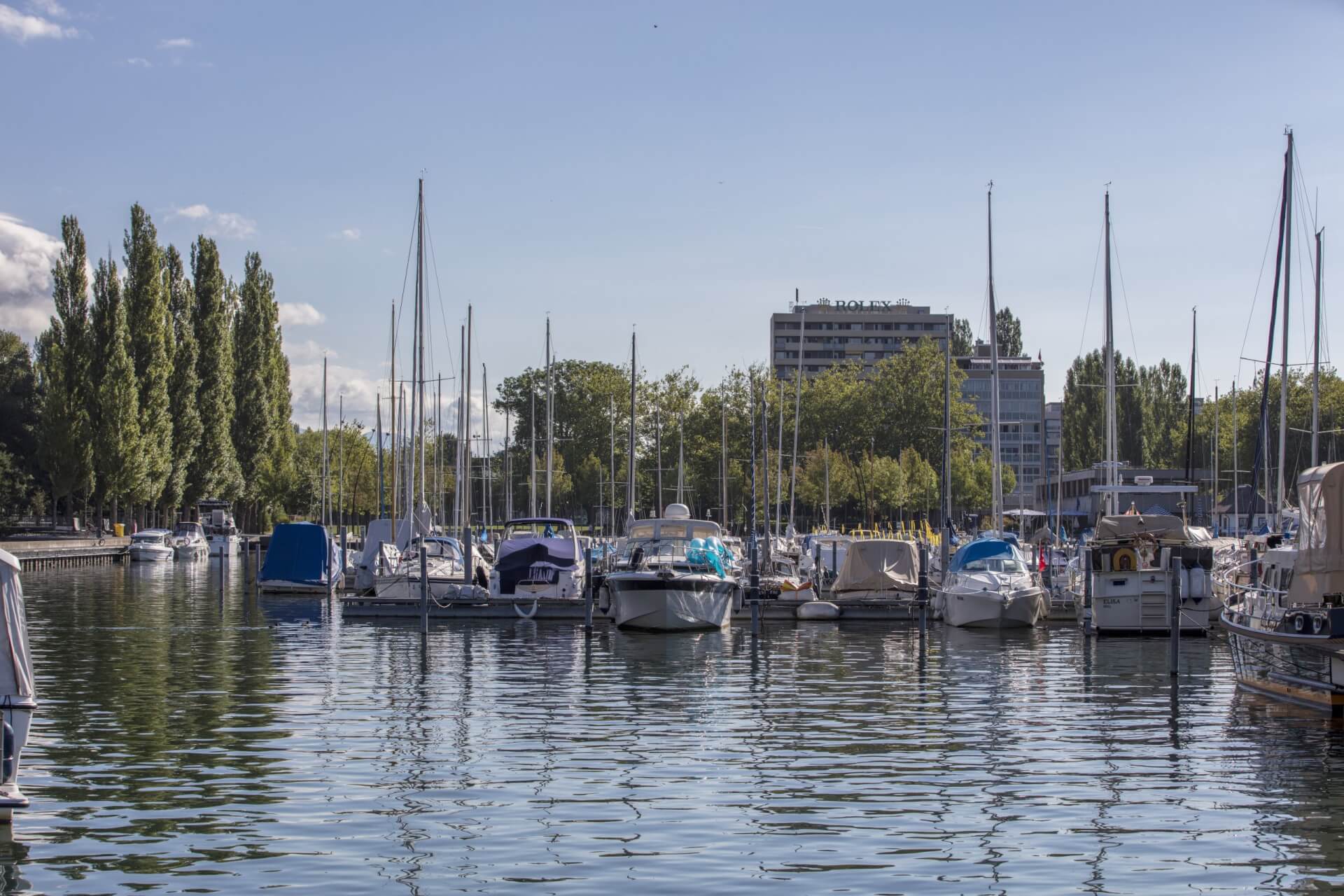 Mehrere Segelboote und Yachten liegen in einem Jachthafen vor Anker. Im Hintergrund sind Bäume und ein mehrstöckiges Hotelgebäude bei klarem Himmel zu sehen.