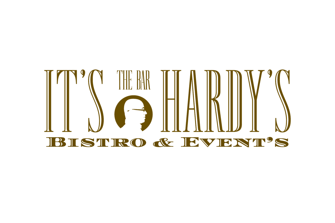 Logo mit Text ITS THE BAR HARDYS BISTRO & EVENTS in Gold, mit der Silhouette eines Männerkopfes mit Brille und Hut.