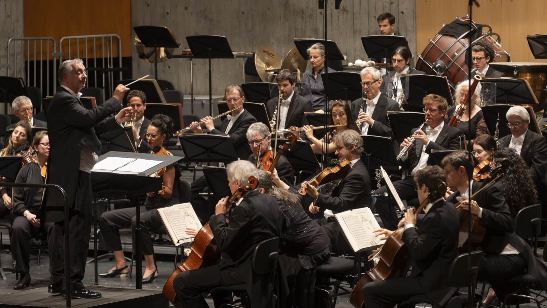 Ein Dirigent leitet ein Orchester aus Musikern, die während einer Aufführung auf der Bühne verschiedene Instrumente spielen, darunter Streicher, Holz- und Blechbläser.