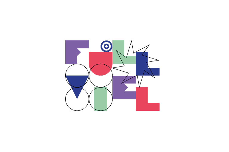 Abstrakte geometrische Illustration mit verschiedenen farbigen Formen, darunter Kreise, Dreiecke, Rechtecke, ein Starburst und andere Formen, die in einer kompakten Komposition angeordnet sind.