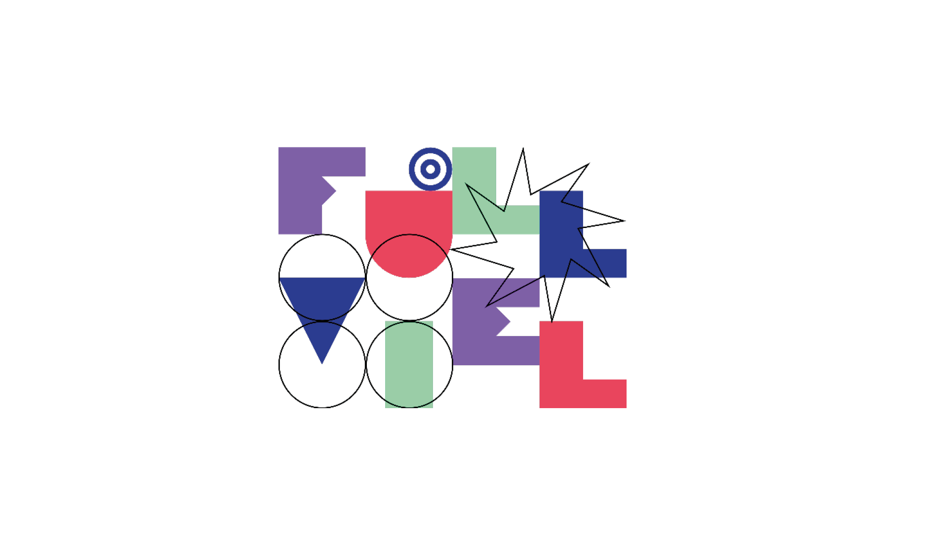 Eine Ansammlung sich überlagernder geometrischer Formen, darunter Kreise, Rechtecke, Dreiecke und Starbursts in den Farben Blau, Rot, Grün, Schwarz und Violett, auf weißem Hintergrund.