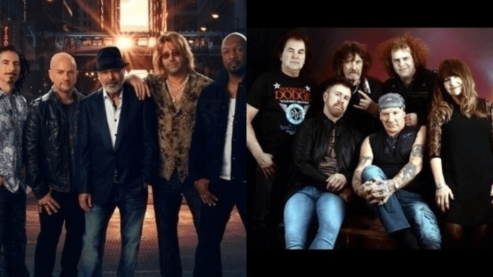 Zwei verschiedene Rockbands posieren für Gruppenfotos; die linke Gruppe steht nachts im Freien, während die rechte Gruppe gemeinsam in einem Raum vor einem dunklen Hintergrund sitzt und steht.