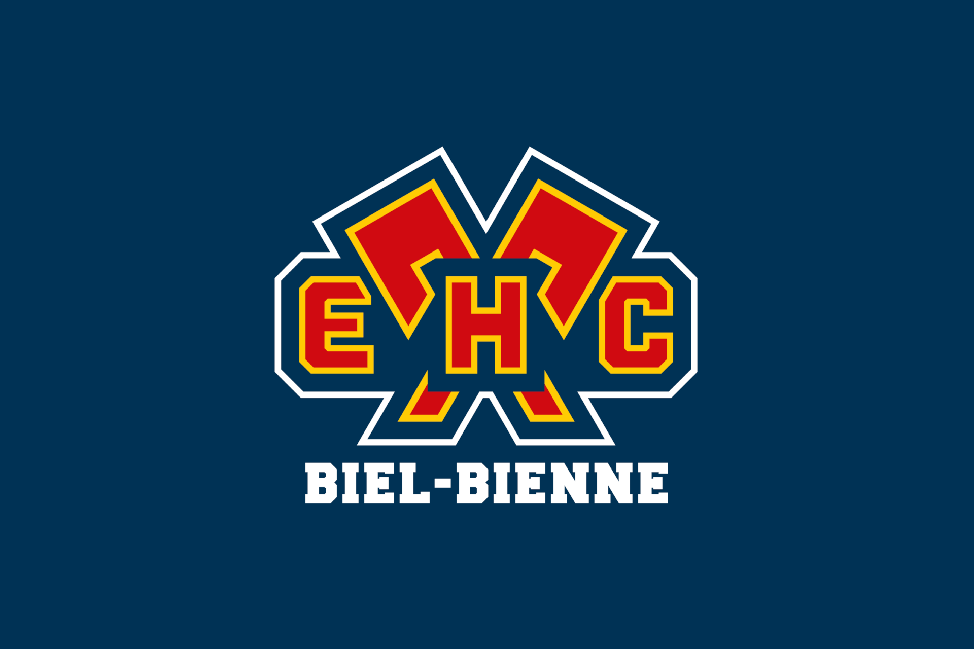 Logo der Eishockeymannschaft EHC Biel-Bienne mit fetten roten, gelben und weißen Buchstaben auf blauem Hintergrund.