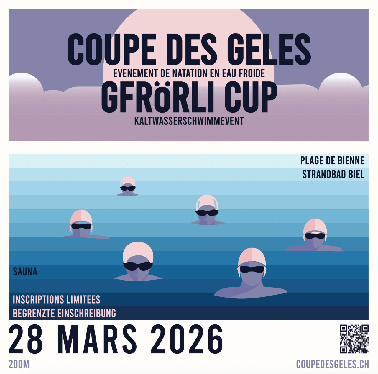 Affiche de la Coupe des Geles du 28 mars 2026, représentant des nageurs en bonnet et lunettes dans l'eau froide, avec les détails de l'événement en français et en allemand.