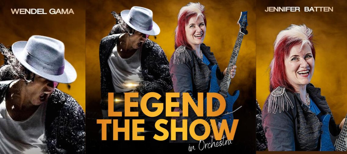 Plakat für Legend The Show in Orchestra mit Wendel Gama mit weißem Hut und Paillettenjacke und Jennifer Batten mit einer Gitarre, beide vor gelbem Hintergrund.